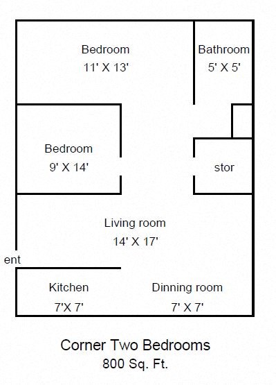 2 bed 1 bath floorplan